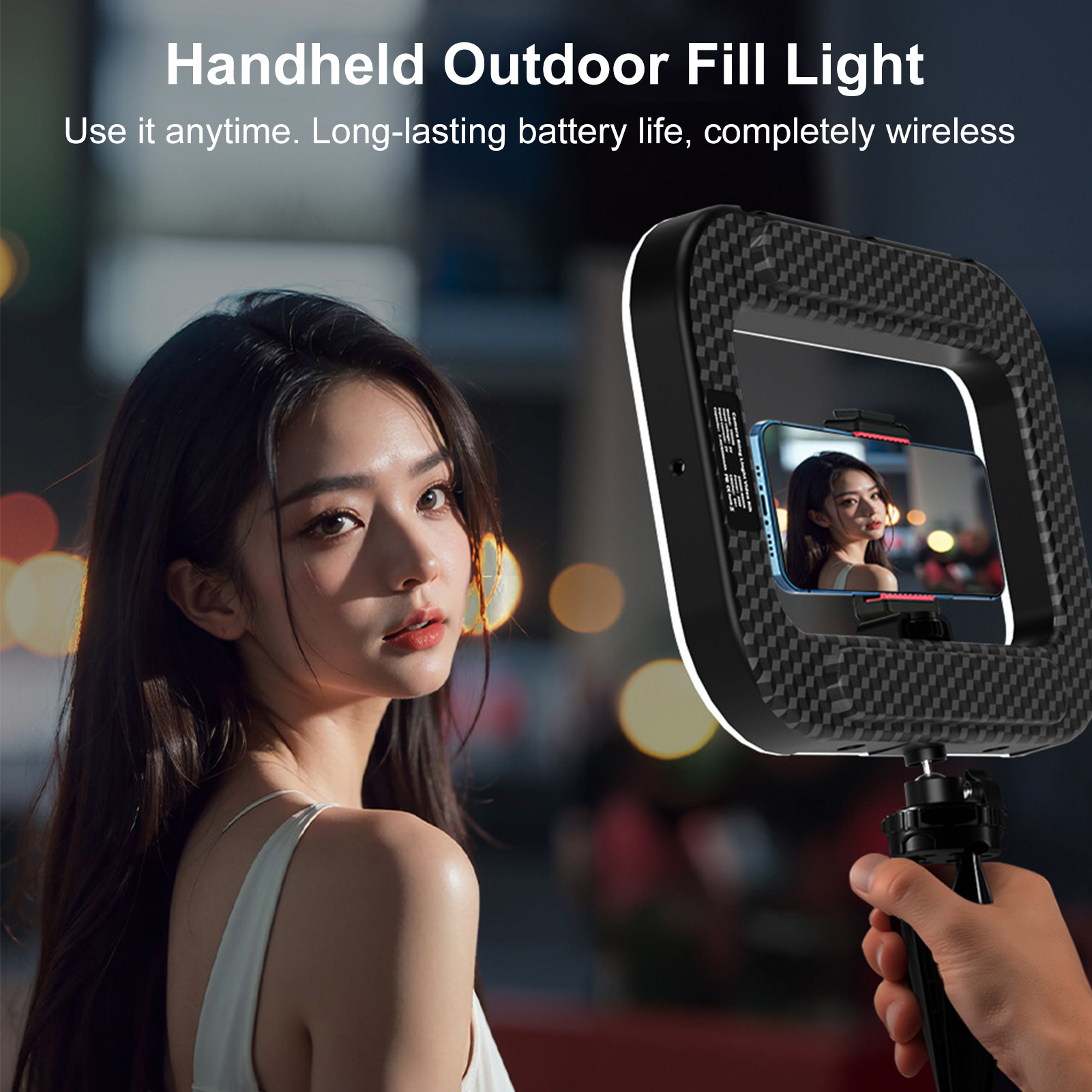 Photography Lighting Circle - ไฟโทรศัพท์มือถือแบบชาร์จได้ พร้อมที่จับโทรศัพท์สำหรับบันทึกวิดีโอ ไฟเซลฟี่แบบวงแหวน